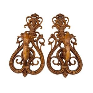 Dart Ind Wall Sconce PAIR Faux Wood‎ Scroll Hollywood Regency MCM Retro Decor